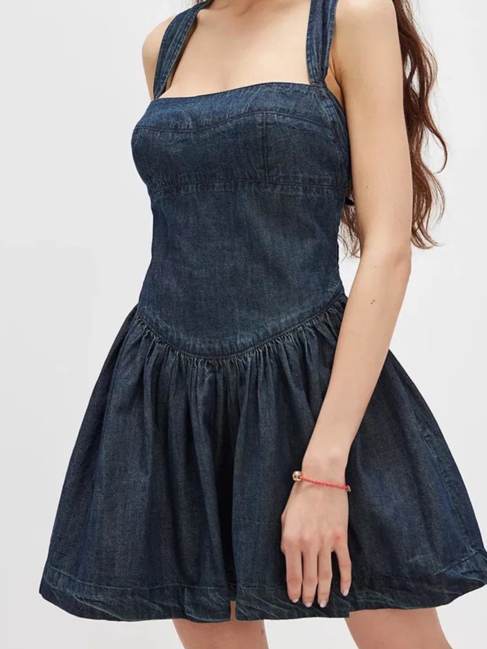 Free People Dark Blue Denim Mini Dress with Wide Straps